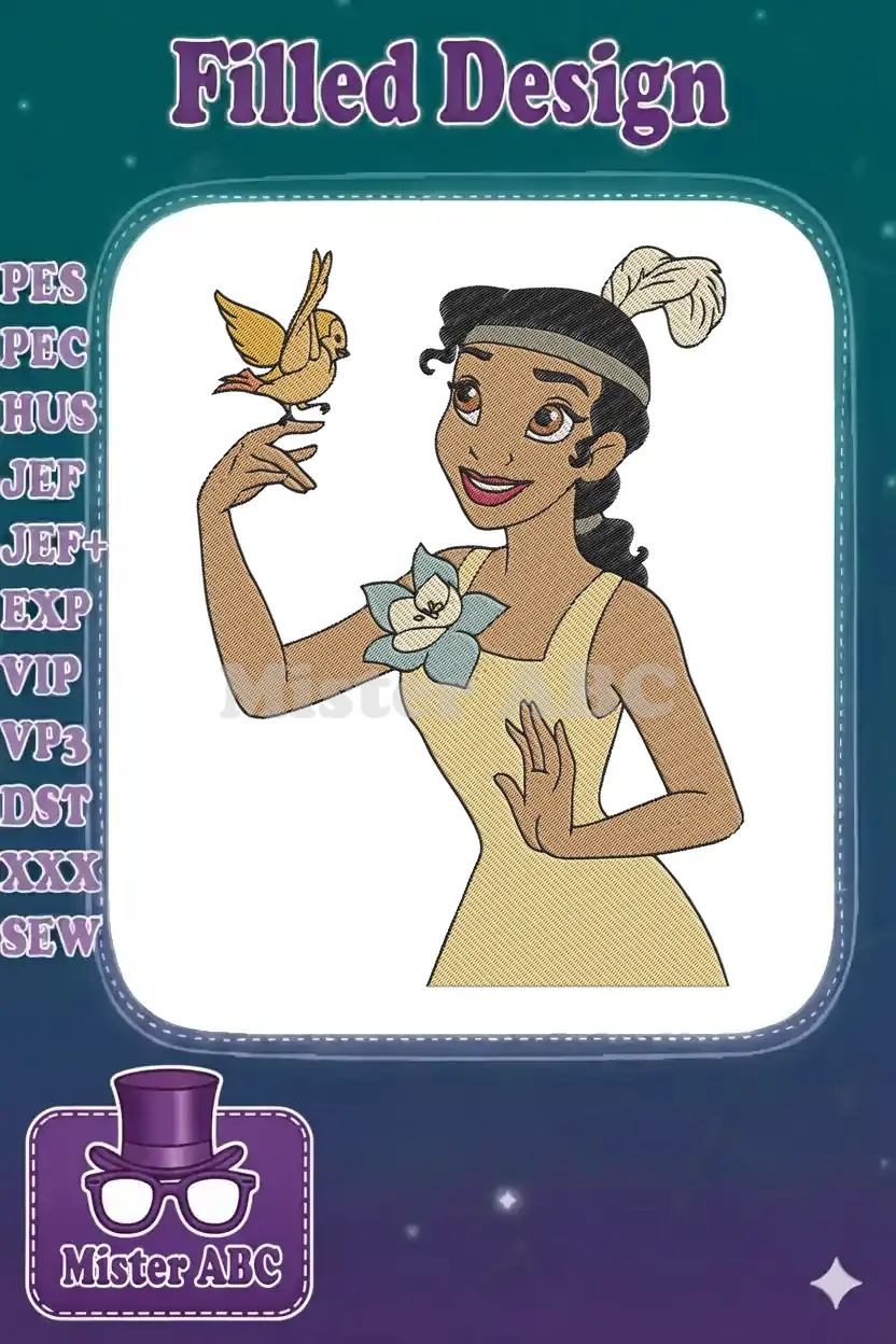 A vibrant machine embroidery design featuring Princess Tiana from Disney, smiling with a small bird on her finger.