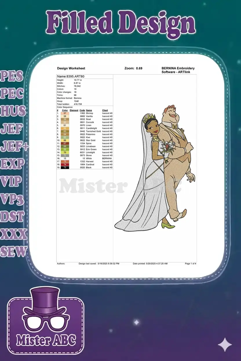 Embroidery worksheet for the Tiana and Naveen wedding design, displaying dimensions, stitch count, color changes, and a thread chart.
