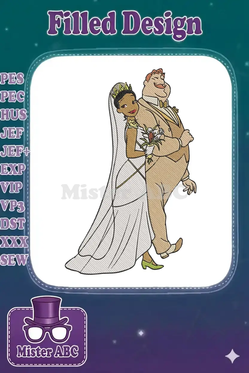 Full-color embroidery design of Disney's Princess Tiana and Prince Naveen dressed in elegant wedding attire, side-by-side.