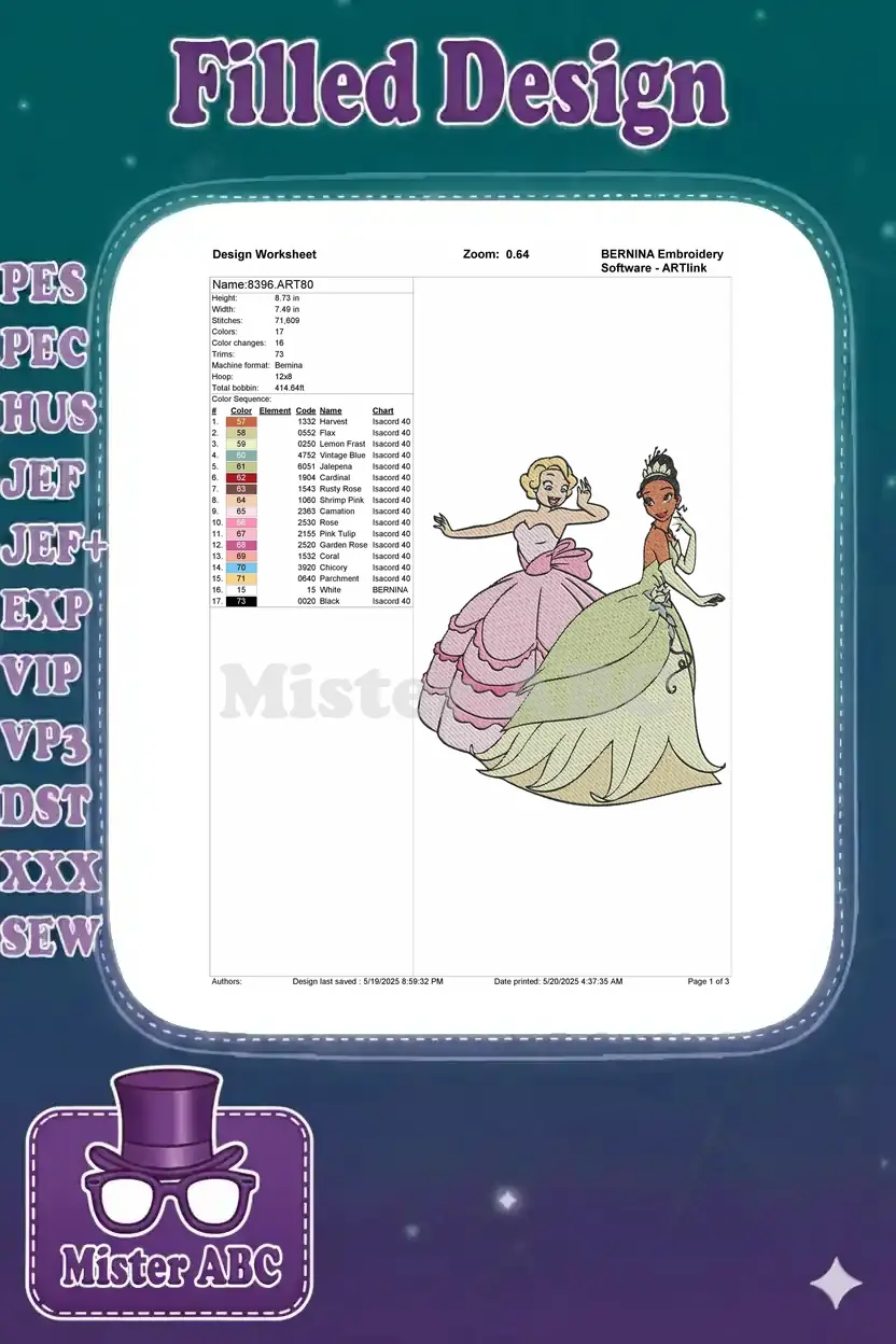 A detailed embroidery design worksheet displaying dimensions, stitch count, color sequence, and machine info.