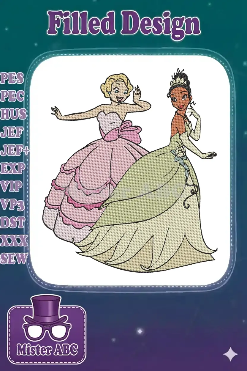 An enchanting embroidery design featuring two princesses, one blonde in pink and one dark-skinned in green.