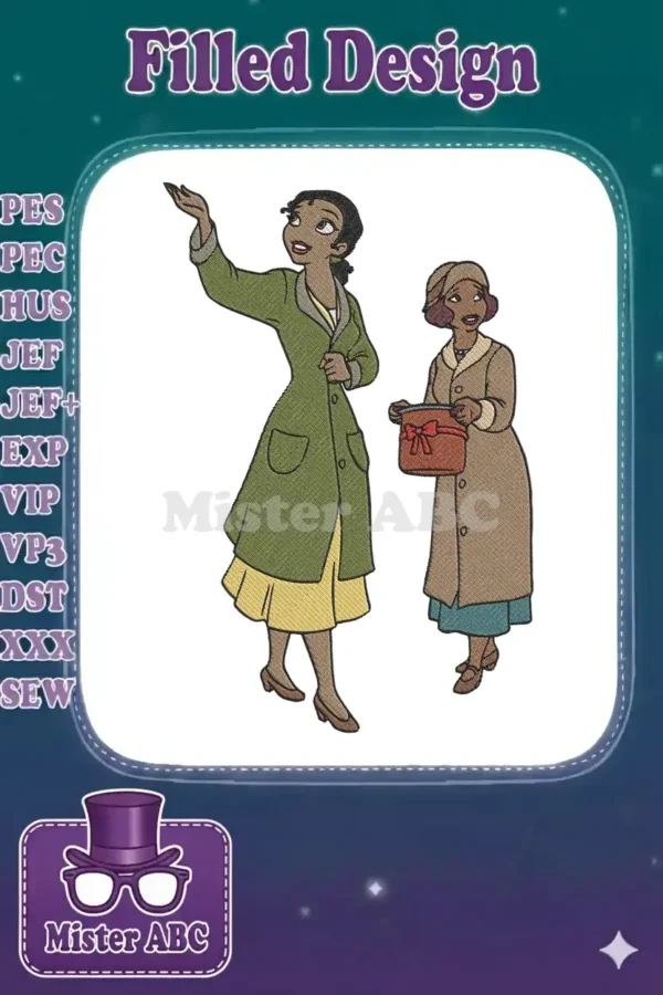 Full-color embroidery design of Tiana from The Princess and the Frog gesturing, with her mother Eudora holding a gift.
