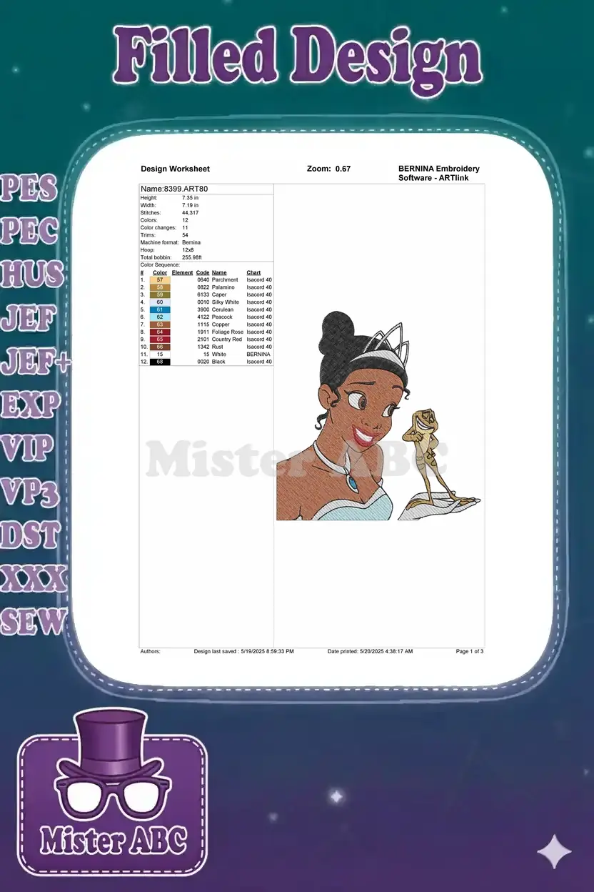 Embroidery design worksheet for Princess Tiana and Prince Naveen, detailing size, stitch count, and color sequence.