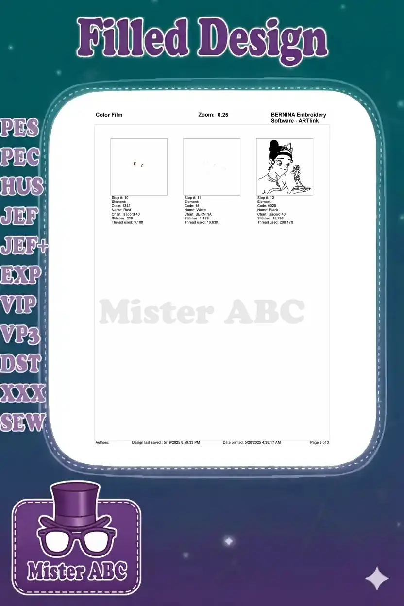 Final set of color film layers for the Princess Tiana embroidery, including the detailed outline stitch.