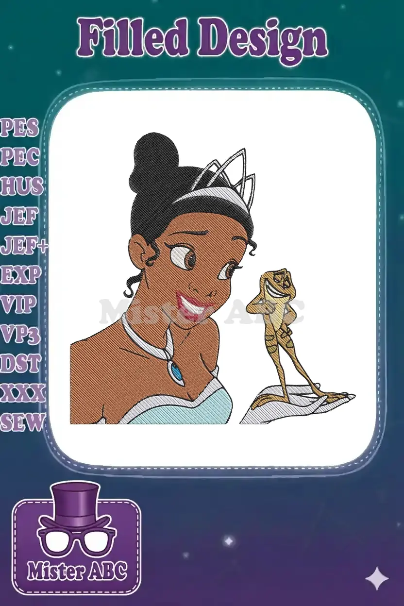 Close-up embroidery of Princess Tiana from Disney's 'The Princess and the Frog' looking at Prince Naveen as a frog.