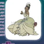 Elegant Princess Tiana in Green Gown with Frog embroidery designs - Instant Download