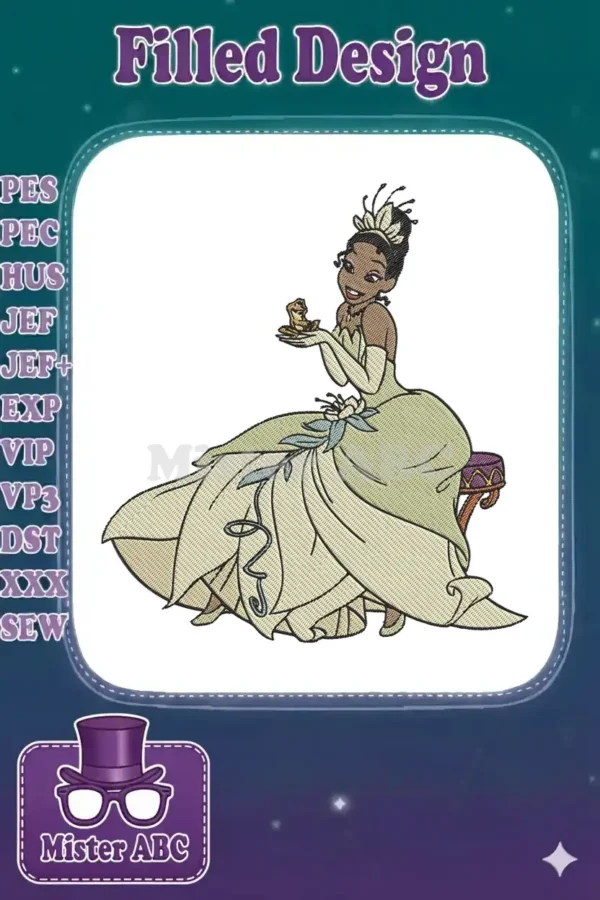 Princess Tiana in her light green ball gown, sitting elegantly and holding a small frog in her hands.