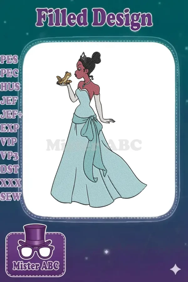 Princess Tiana in a blue ball gown, holding a golden frog, ready for a magical kiss in an embroidery design.