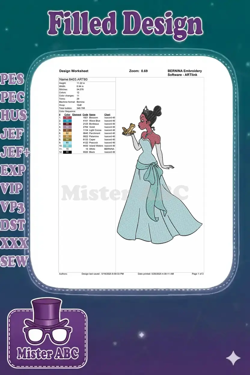 Embroidery design worksheet for Princess Tiana, showing dimensions, stitch count, colors, and thread chart.