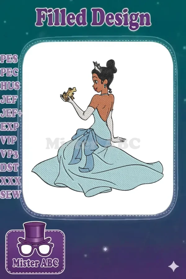Princess Tiana in her light blue ball gown, holding a golden frog, depicted as a vibrant embroidery design.