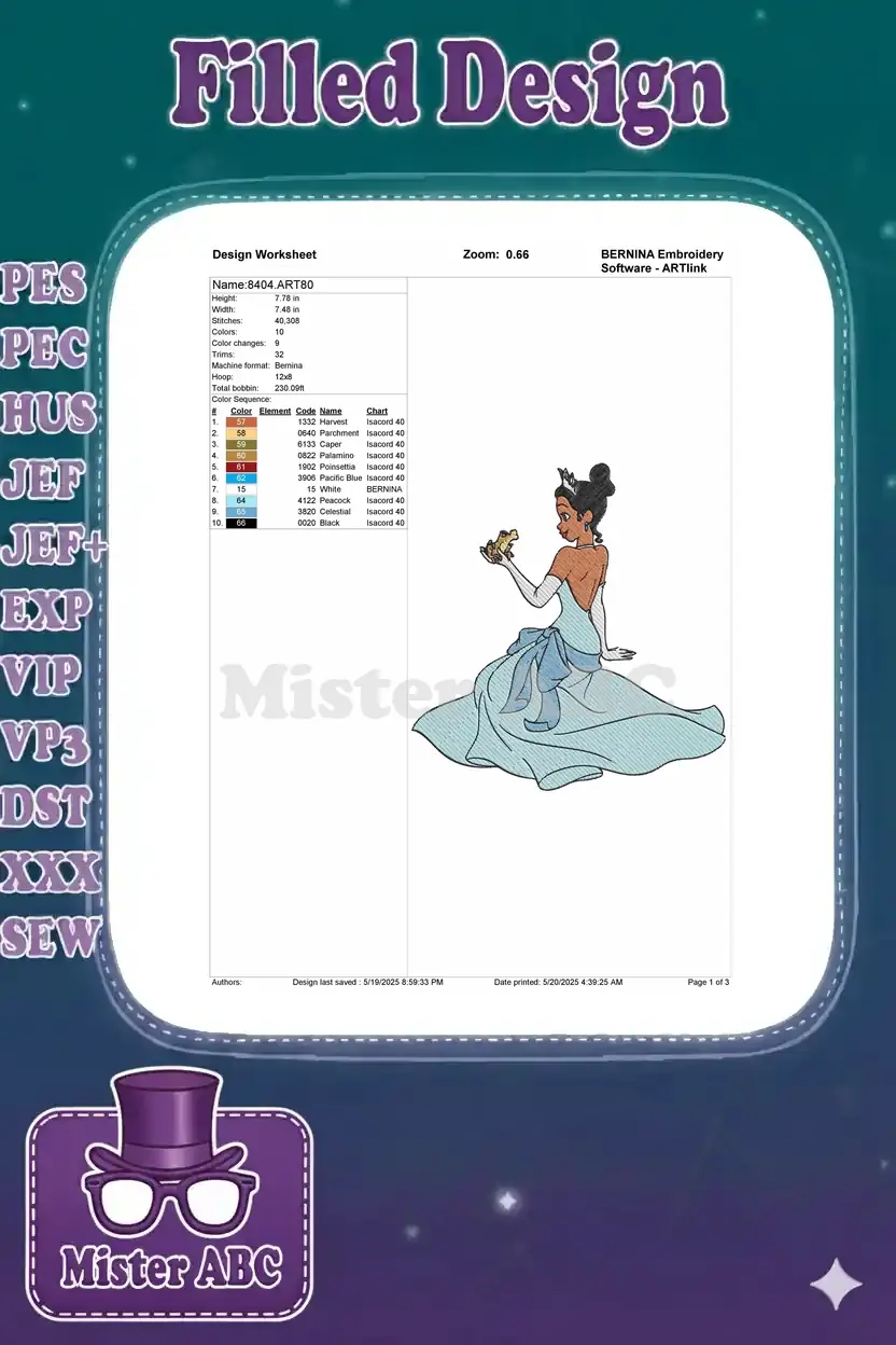 Embroidery design worksheet for Princess Tiana, showing dimensions, stitch count, thread colors, and names.