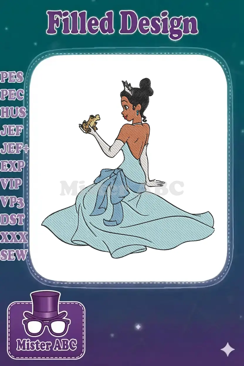 Princess Tiana in her light blue ball gown, holding a golden frog, depicted as a vibrant embroidery design.
