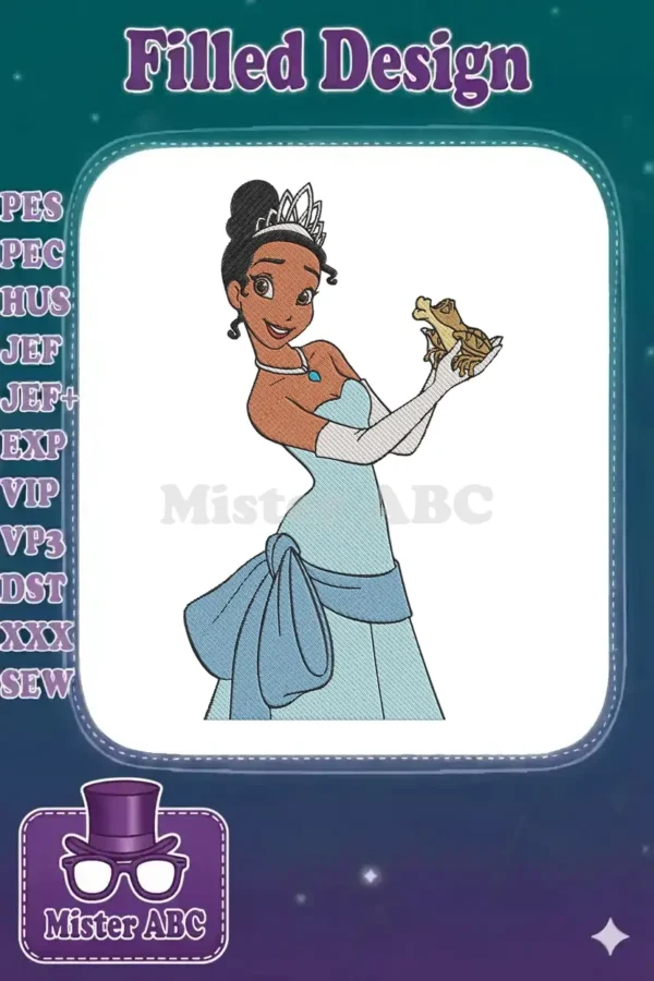 Vibrant embroidery design of Princess Tiana in her blue gown, holding a frog, ready to bring Disney magic to fabric.
