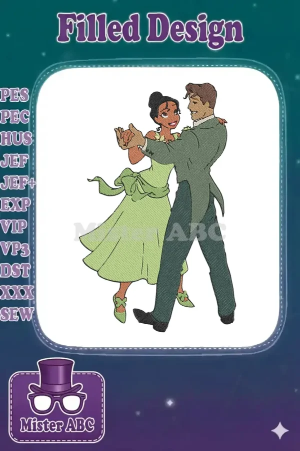 A vibrant embroidery design featuring Princess Tiana and Prince Naveen from Disney's The Princess and the Frog, elegantly dancing.