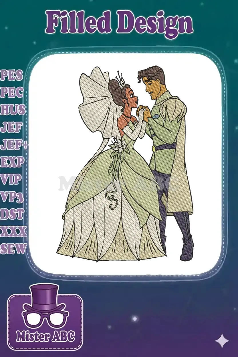 Vibrant embroidery of Princess Tiana and Prince Naveen in wedding attire, holding hands, full of romantic detail.