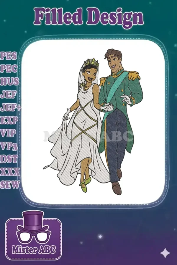 Princess Tiana and Prince Naveen in their wedding attire, holding hands, featuring detailed fill stitch embroidery.