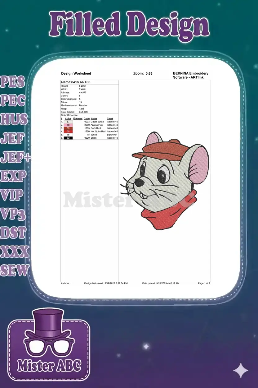 Embroidery design worksheet detailing the mouse character's dimensions, stitch count, and color sequence for fabrication.