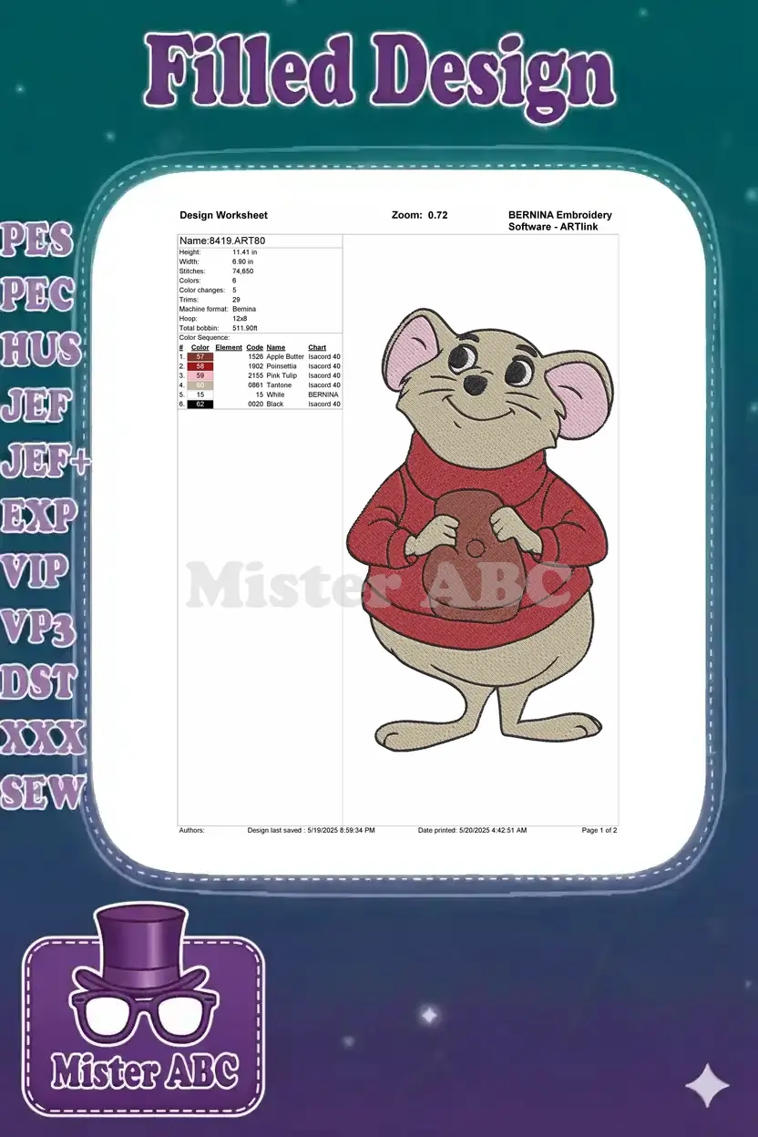 Detailed Dr. Dawson embroidery worksheet, outlining dimensions, stitch count, color sequence, and a design preview for planning.