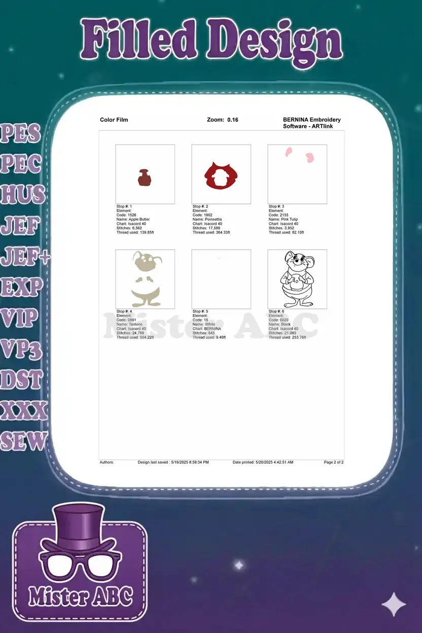 Color film sequence for Dr. Dawson embroidery, showing individual color elements and their stitch order for accurate machine setup.
