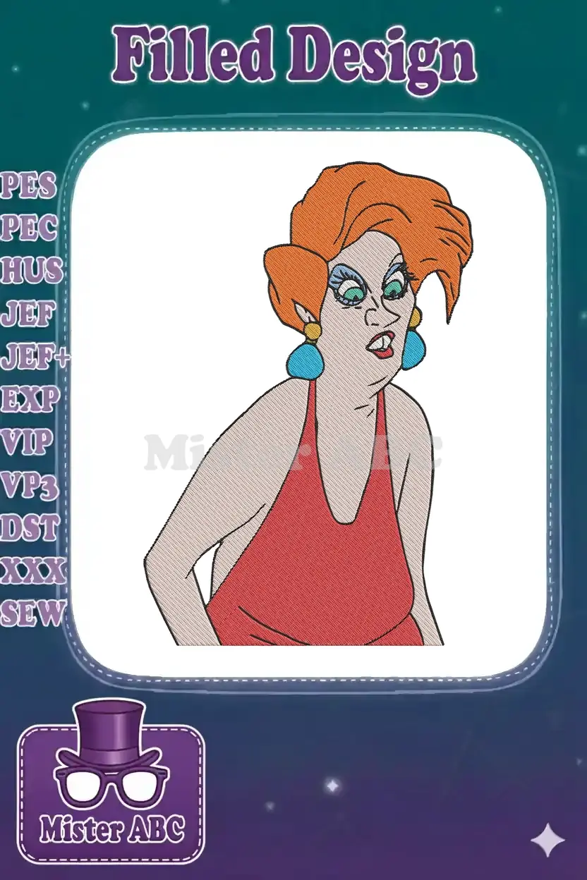 A detailed embroidery design featuring Madame Medusa, a classic animated villainess with orange hair and a red dress.