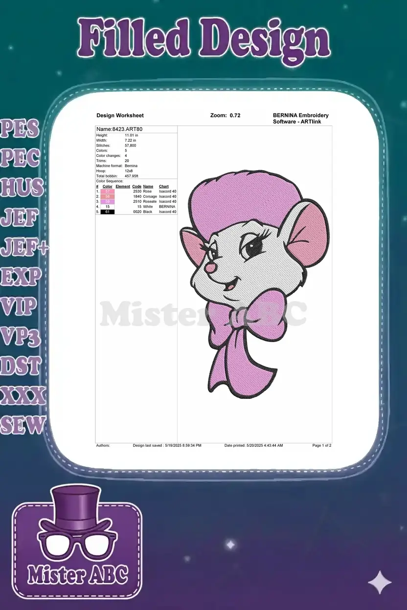 Embroidery design worksheet for Miss Bianca, detailing dimensions, stitch count, color changes, and thread codes.
