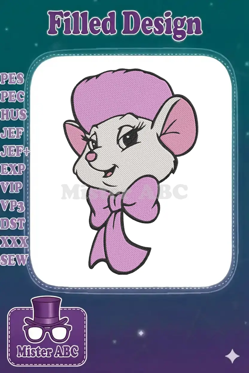 Detailed embroidery of Miss Bianca, the elegant mouse from Disney's The Rescuers, featuring a pink bow and hat.