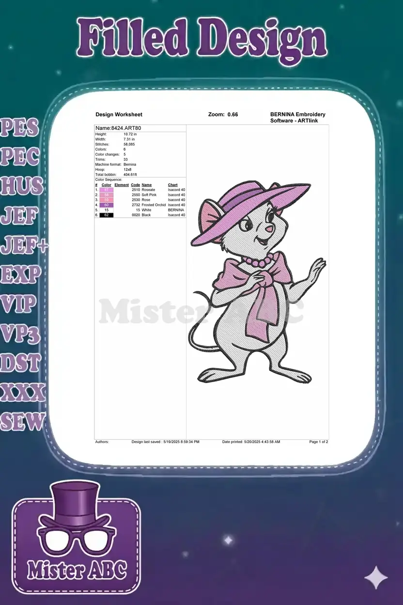 Embroidery design worksheet for Miss Bianca, detailing dimensions, stitch count, colors, and machine info.