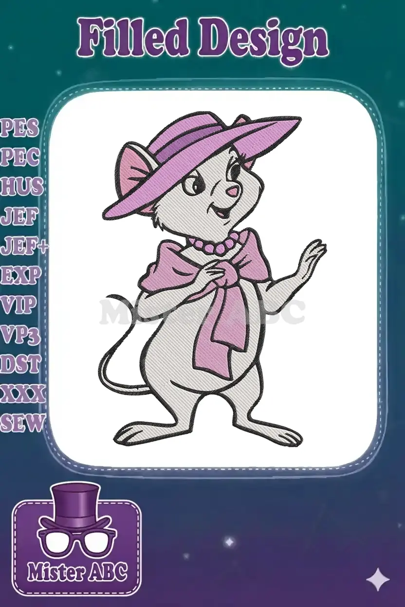 Elegant Miss Bianca embroidery design from The Rescuers, featuring a pink hat, bow, and necklace.