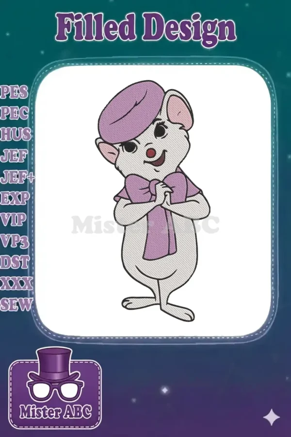 Digital embroidery design of Miss Bianca from The Rescuers, a charming white mouse with purple hat and scarf.