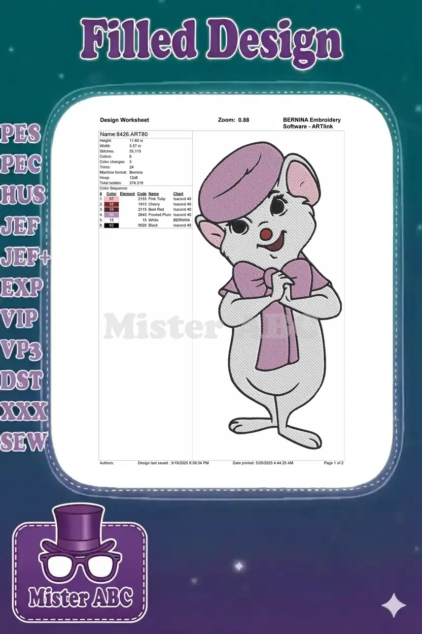 Embroidery design worksheet for Miss Bianca, detailing dimensions, stitch count, and color sequence.