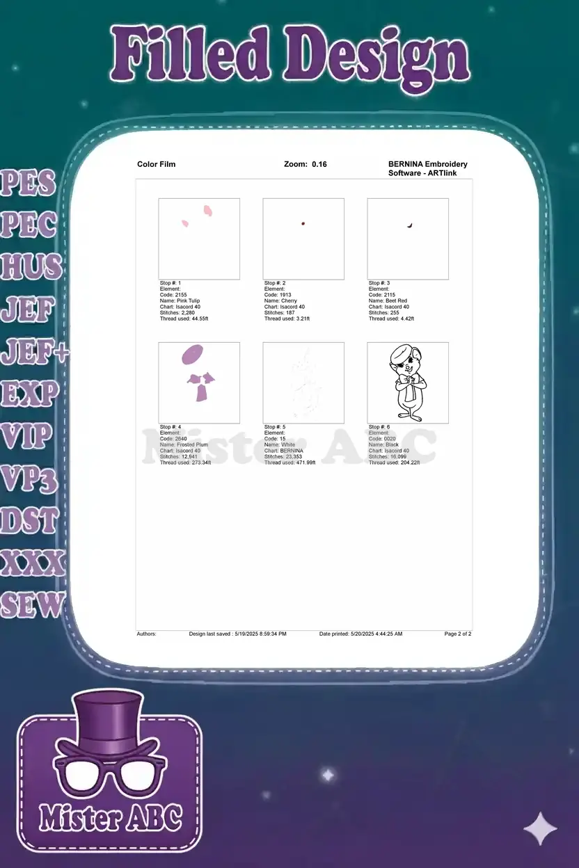 Color film breakdown for Miss Bianca embroidery, showing individual stitch elements and thread usage.