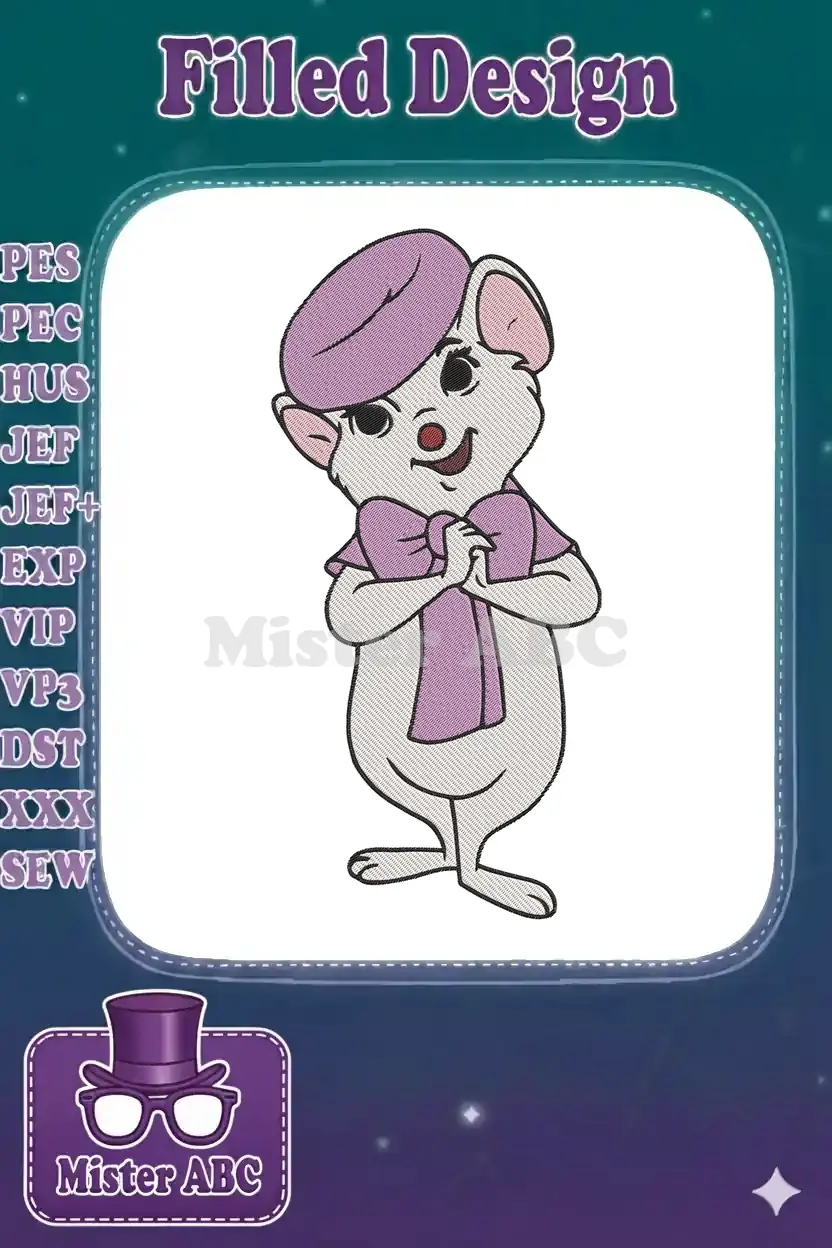 Digital embroidery design of Miss Bianca from The Rescuers, a charming white mouse with purple hat and scarf.