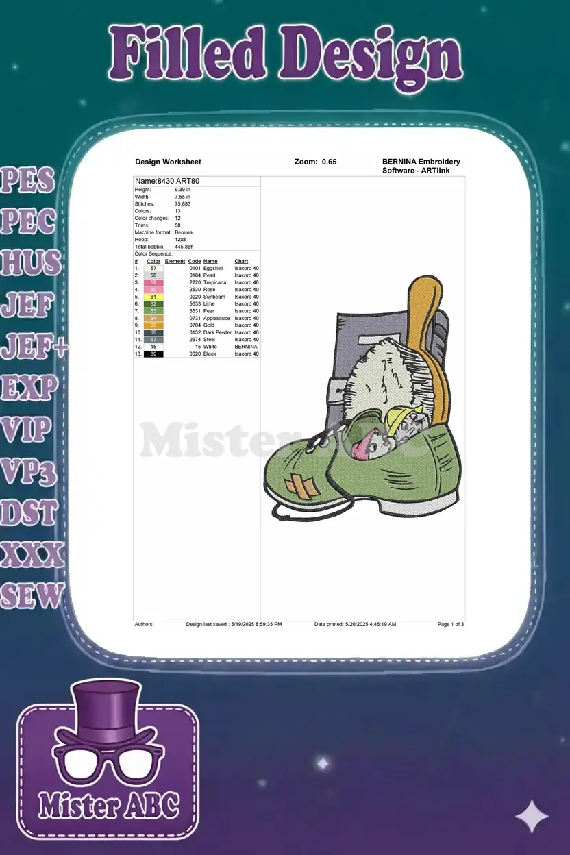 Embroidery design worksheet detailing dimensions, stitch count, color sequence, and machine formats for design 8430.
