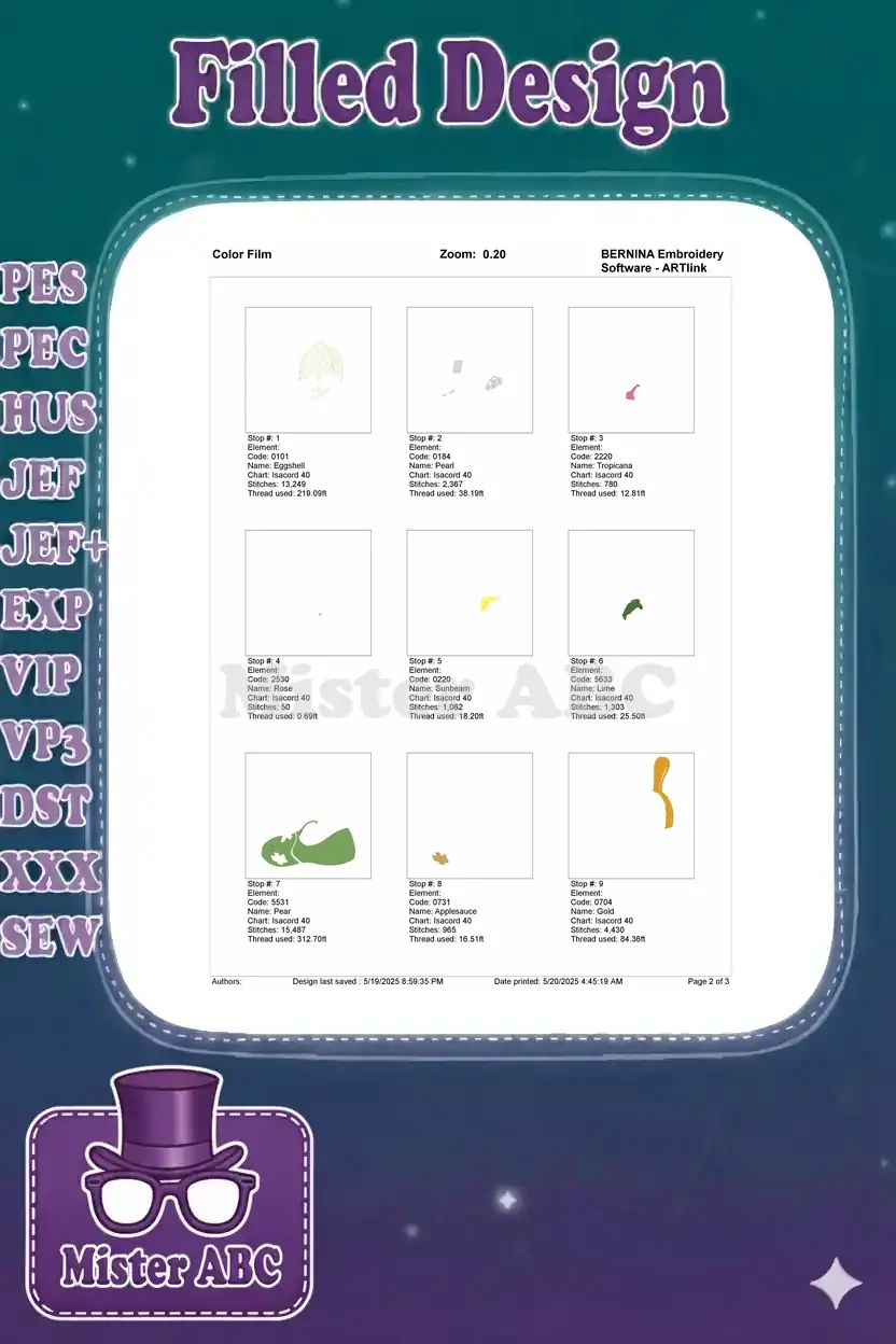 First page of the color film document, illustrating the initial embroidery stitch order and color elements.