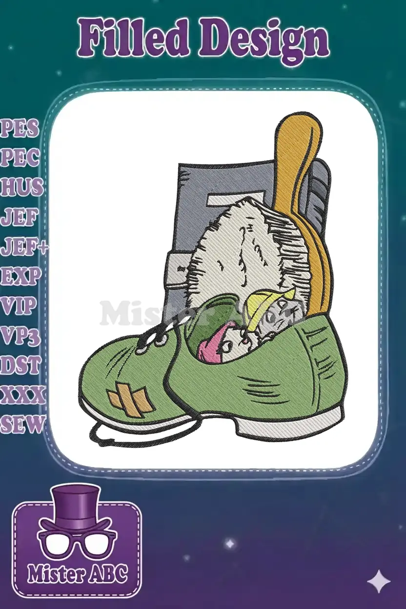 Embroidery design of a mouse and girl peeking from a green hiking boot with backpack and guitar, cartoon style.
