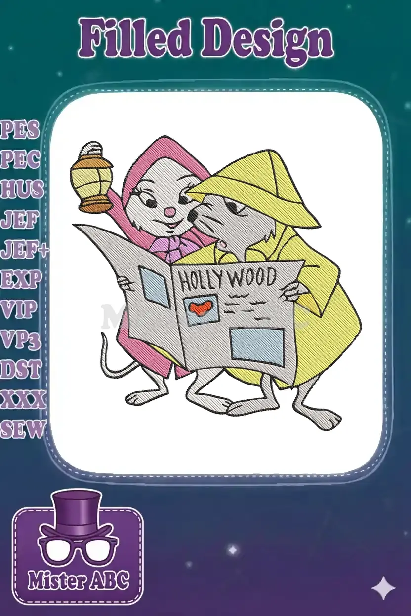 An embroidery design featuring two cartoon mice, Bernard and Miss Bianca, reading a 'Hollywood' newspaper with a lantern.