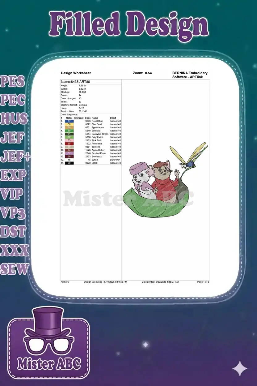 Embroidery design worksheet with specifications, thread color chart, and a small preview of the design.