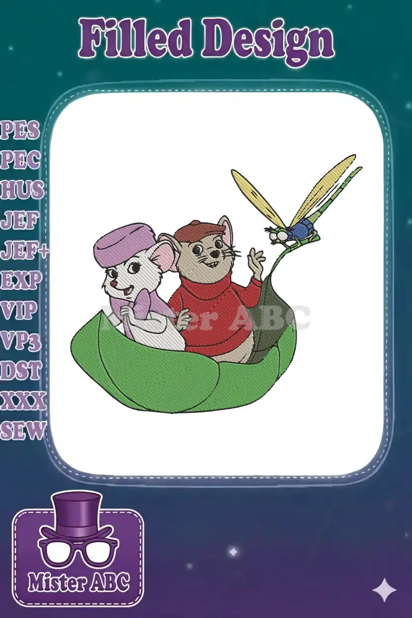 Embroidery design featuring Miss Bianca and Bernard from The Rescuers, riding in a green leaf with a dragonfly.