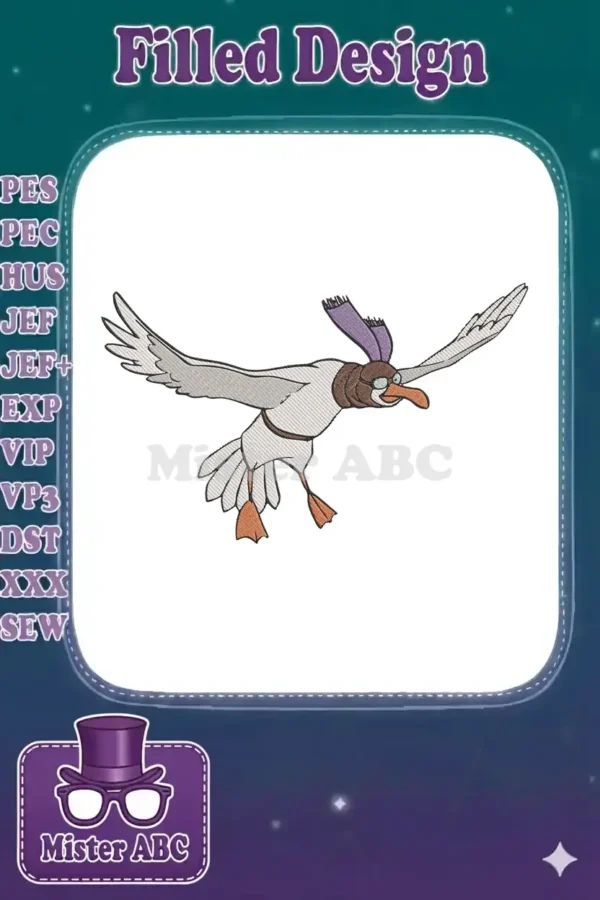 Detailed embroidery design of Wilbur the albatross from Rescuers Down Under, soaring with goggles and scarf.