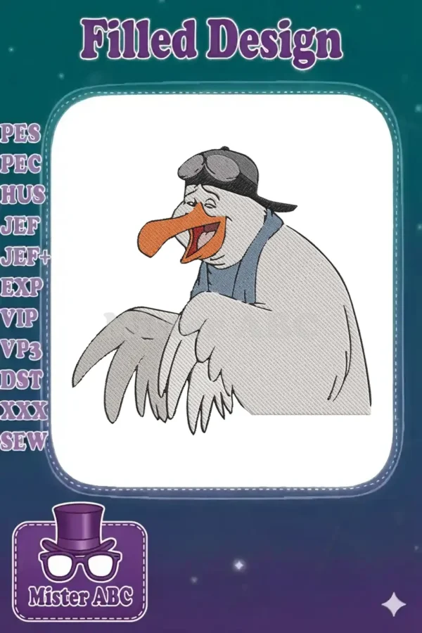 High-quality embroidery design of a laughing cartoon stork pilot wearing a cap and goggles, ready for adventure.