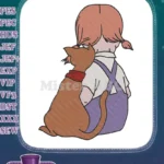 Sweet girl in overalls hugging her best friend cat embroidery designs - Instant Download