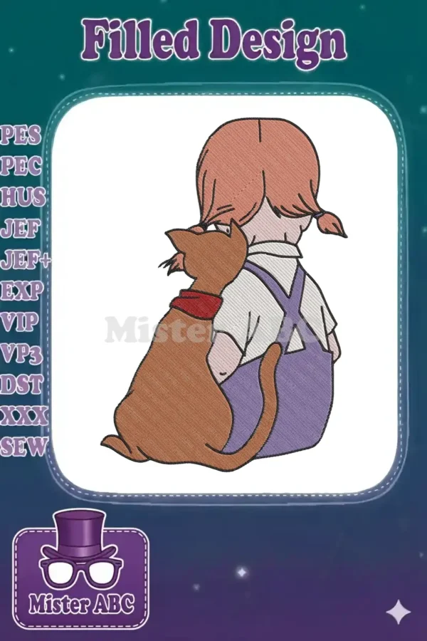 Embroidered design of a young girl with pigtails in purple overalls, gently hugging a brown cat with a red collar.
