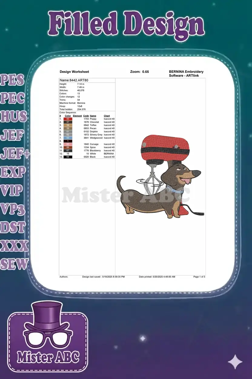 An embroidery design worksheet detailing stitch counts, dimensions, color sequence, and thread information for the dachshund design.