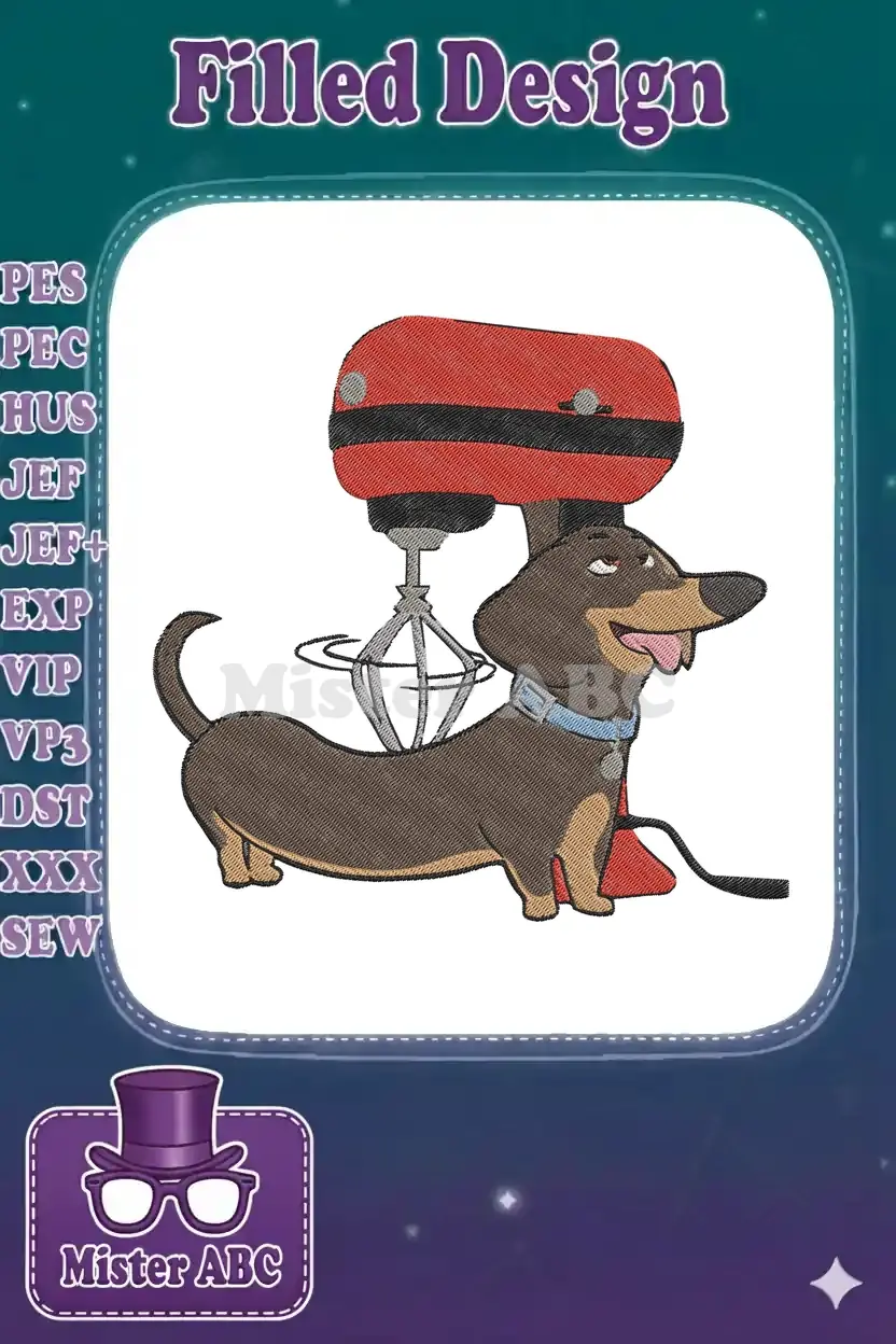 A cheerful dachshund dog wearing a blue collar stands beside a vibrant red and black stand mixer, ready to bake.
