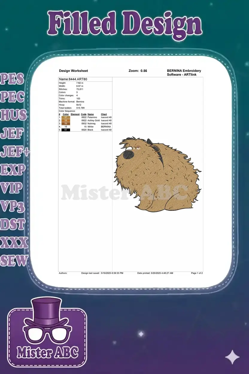 A detailed embroidery design worksheet for Duke, showing dimensions, stitch count, colors, and hoop size.