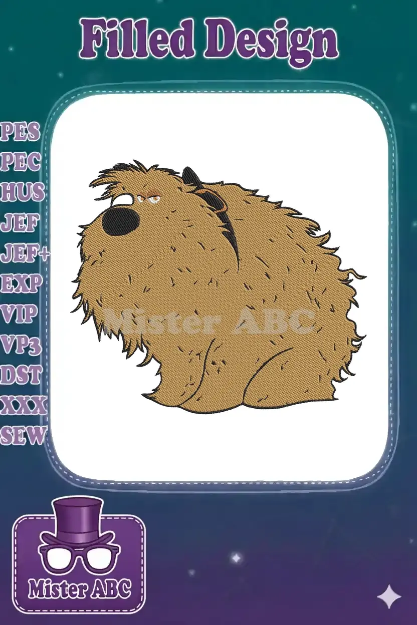 A detailed embroidery design of Duke, the shaggy brown dog from 'The Secret Life of Pets,' facing left.