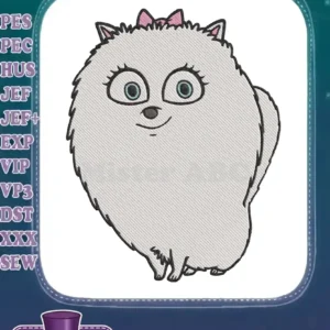 Gidget the white Pomeranian from Secret Life of Pets, an adorable machine embroidery design with a pink bow.