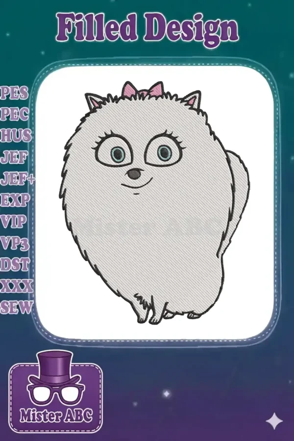 Gidget the white Pomeranian from Secret Life of Pets, an adorable machine embroidery design with a pink bow.
