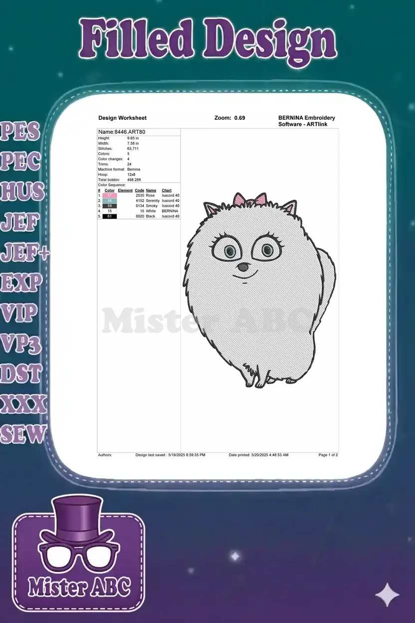 Embroidery design worksheet for Gidget, showing dimensions, stitch count, color sequence, and machine info.