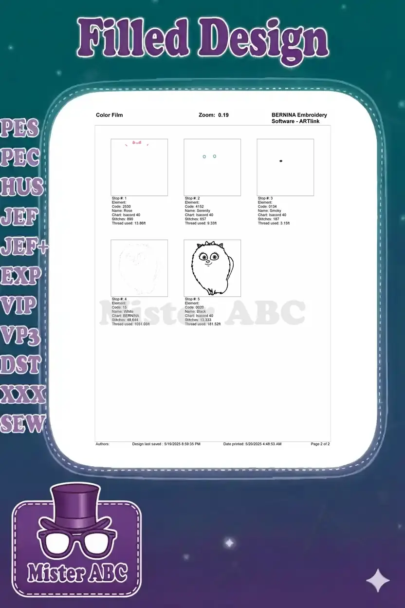Color film breakdown for the Gidget embroidery design, detailing stitch stops and thread usage per color.
